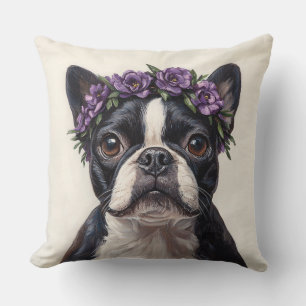 Boston Terrier in a Purple Flower Crown Throw Pillow