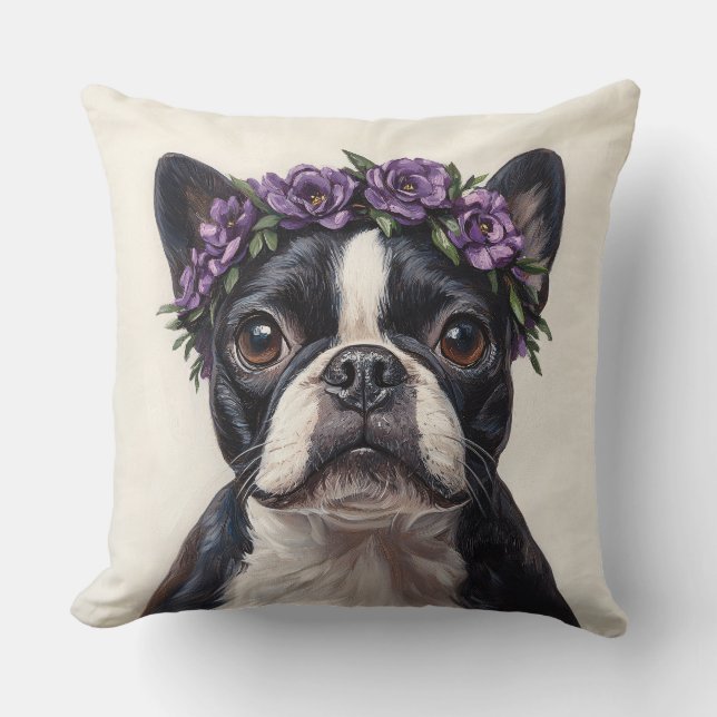 Boston Terrier in a Purple Flower Crown Throw Pillow (Front)