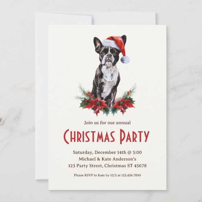 Boston Terrier in a Santa Hat Dog Christmas Party Invitation (Front)