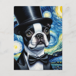 Boston Terrier in a Tophat Van Gogh Postcard