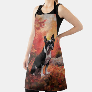 Boston Terrier in Autumn Leaves Fall Inspire  Apron