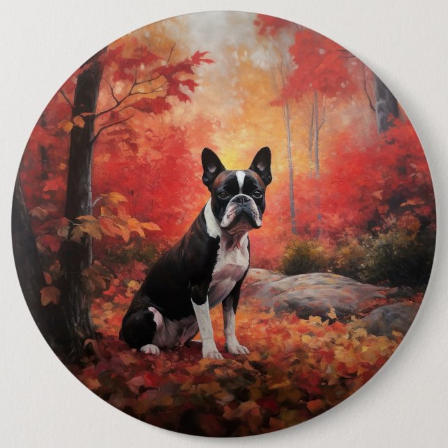 Boston Terrier in Autumn Leaves Fall Inspire  Button (Front)