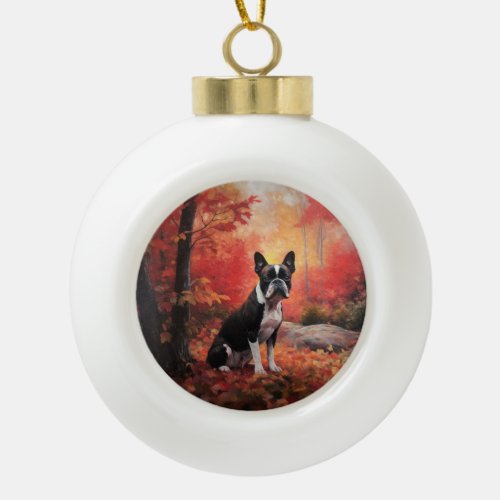 Boston Terrier in Autumn Leaves Fall Inspire  Ceramic Ball Christmas Ornament