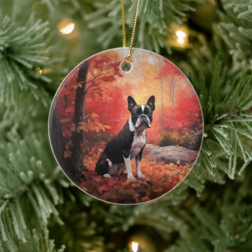 Boston Terrier in Autumn Leaves Fall Inspire  Ceramic Ornament