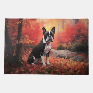 Boston Terrier in Autumn Leaves Fall Inspire  Doormat