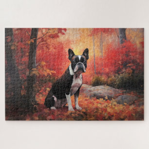 Boston Terrier in Autumn Leaves Fall Inspire Jigsaw Puzzle
