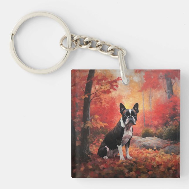 Boston Terrier in Autumn Leaves Fall Inspire  Keychain (Front)