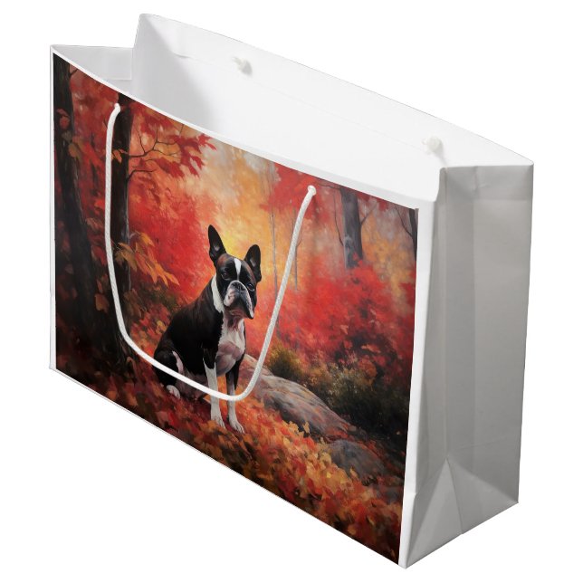 Boston Terrier in Autumn Leaves Fall Inspire  Large Gift Bag (Front Angled)
