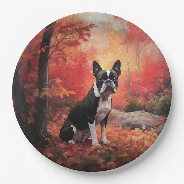 Boston Terrier in Autumn Leaves Fall Inspire  Paper Plates (Front)