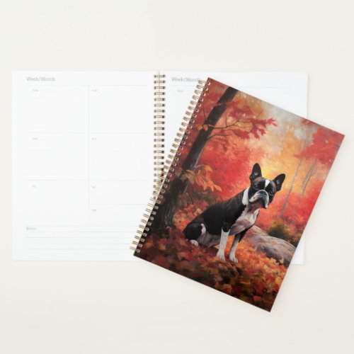 Boston Terrier in Autumn Leaves Fall Inspire  Planner