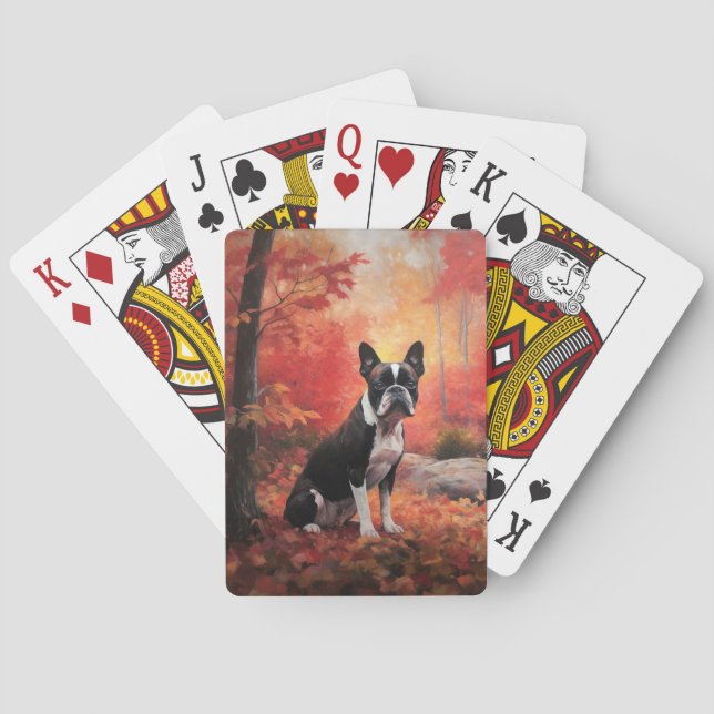 Boston Terrier in Autumn Leaves Fall Inspire  Poker Cards (Back)