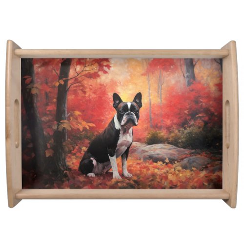 Boston Terrier in Autumn Leaves Fall Inspire  Serving Tray