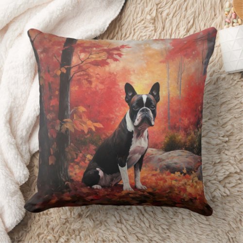 Boston Terrier in Autumn Leaves Fall Inspire  Throw Pillow