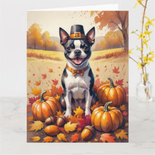 Boston Terrier In Autumn Leaves Thanksgiving Art Card