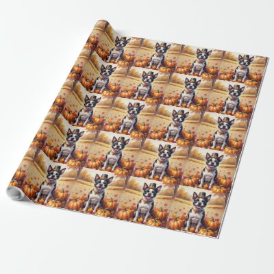 Boston Terrier In Autumn Leaves Thanksgiving Art Wrapping Paper