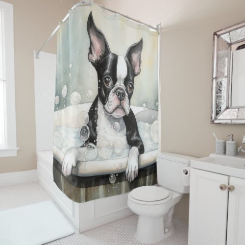 Boston Terrier In Bathtub Watercolor Dog Art Shower Curtain