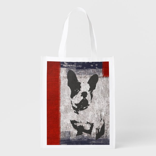 Boston Terrier in Black and White With Red Border Reusable Grocery Bag (Front)