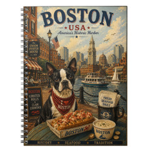 Boston Terrier in Boston Vintage Travel Art Notebook