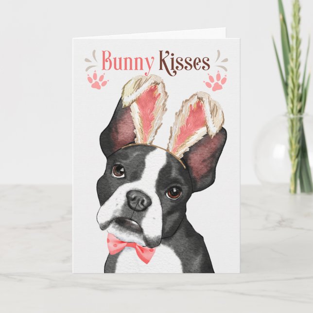 Boston Terrier in Bunny Ears for Easter Holiday Card (Front)