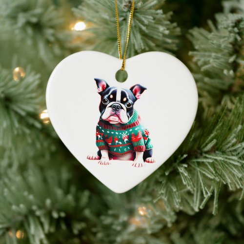 Boston Terrier in Christmas Sweater Ceramic Ornament