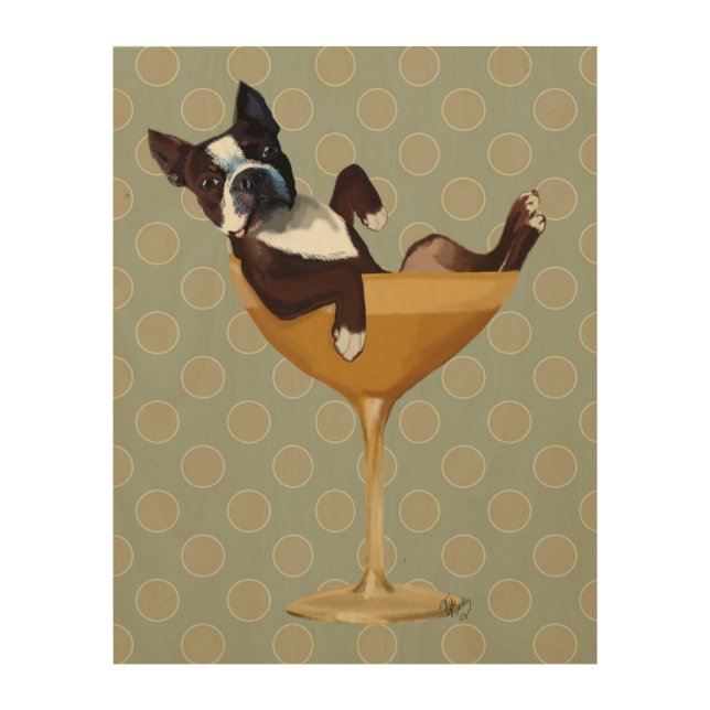 Boston Terrier in Cocktail Glass Wood Wall Art (Front)