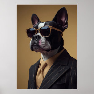 Boston Terrier in Pinstripe Suit and Sunglasses Poster