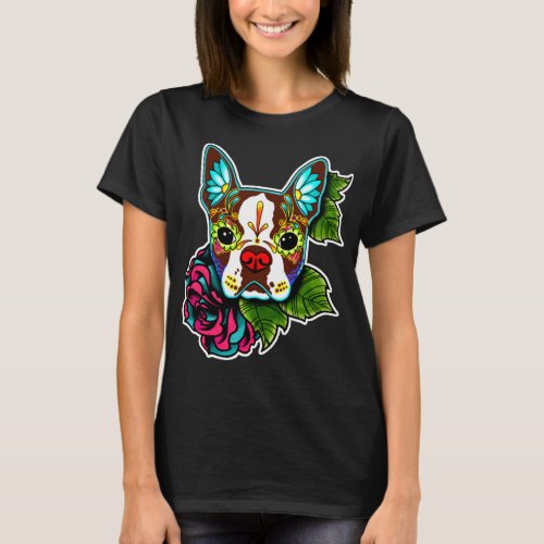 Boston Terrier in Red Day of the Dead Sugar Skull T_Shirt