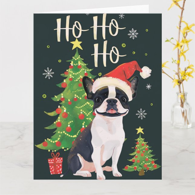 Boston Terrier in Snow Christmas Card (Yellow Flower)