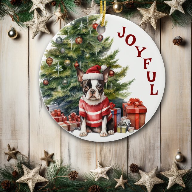 Boston Terrier in Sweater and Hat Christmas Ceramic Ornament (Creator Uploaded)