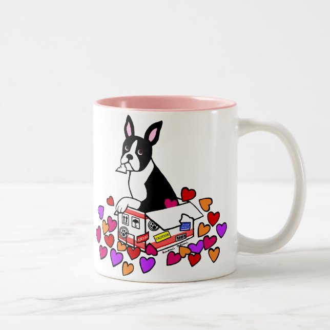Boston Terrier in the Box Cartoon Two-Tone Coffee Mug (Right)