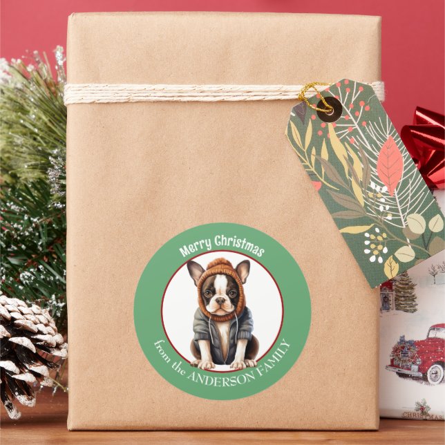Boston Terrier in Winter Sweater and Hat Christmas Classic Round Sticker (Holiday)