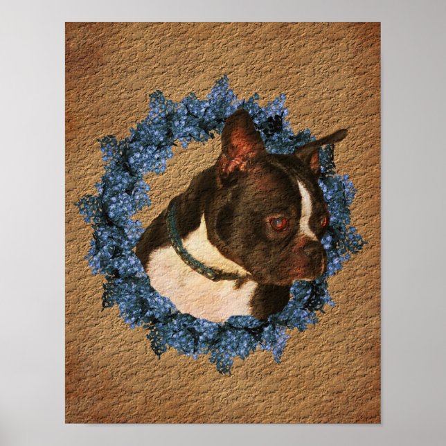 Boston Terrier In Wreath Aged Paper Art  Poster (Front)