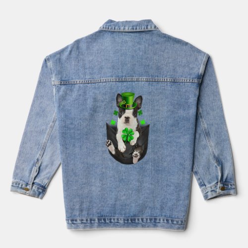 Boston Terrier Leprechaun In Pocket St Patricks  Denim Jacket