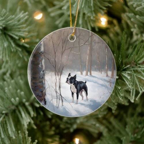 Boston Terrier Let It Snow Christmas Ceramic Ornament