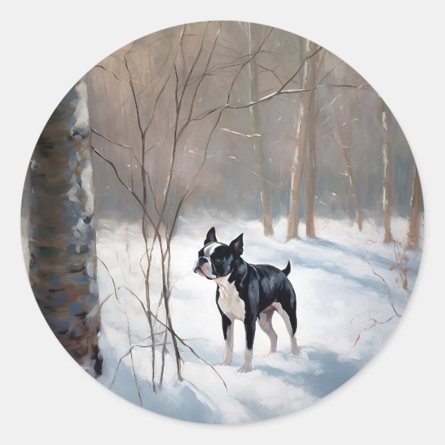 Boston Terrier Let It Snow Christmas Classic Round Sticker (Front)
