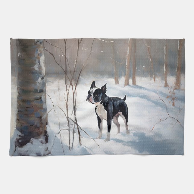 Boston Terrier Let It Snow Christmas Kitchen Towel (Horizontal)