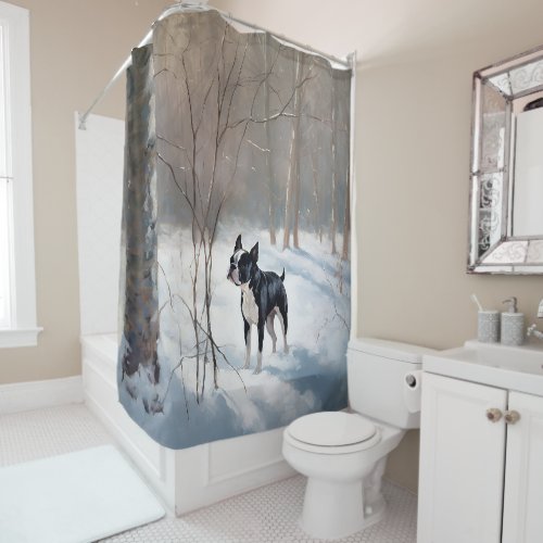 Boston Terrier Let It Snow Christmas Shower Curtain