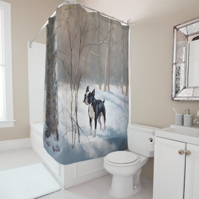 Boston Terrier Let It Snow Christmas Shower Curtain (In Situ)
