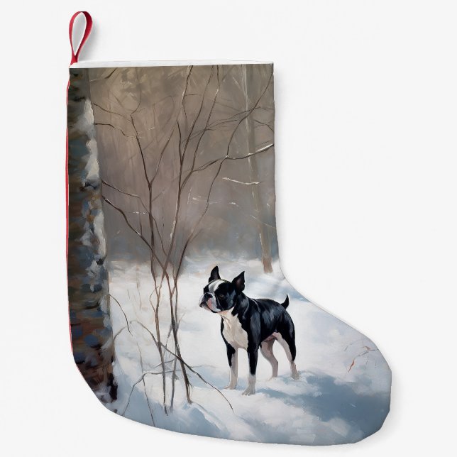 Boston Terrier Let It Snow Christmas Small Christmas Stocking (Front)