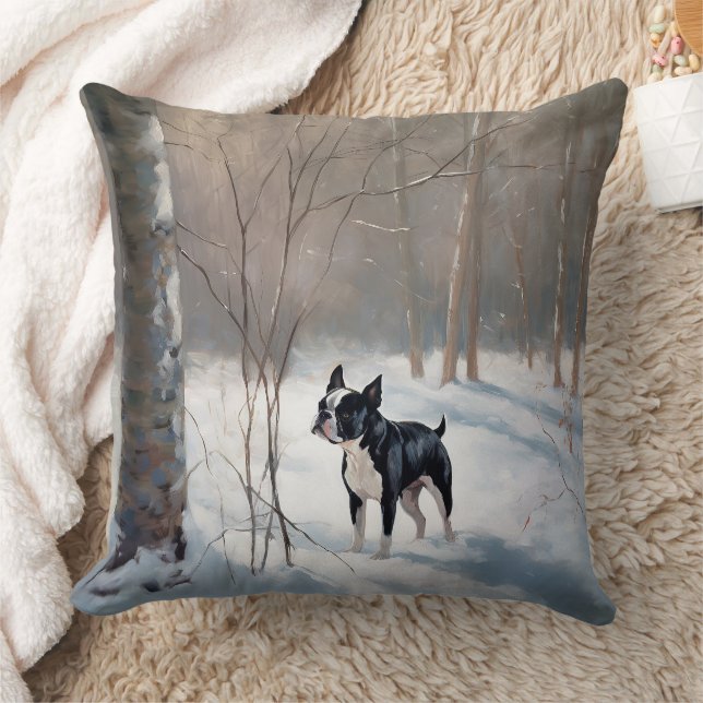 Boston Terrier Let It Snow Christmas Throw Pillow (Blanket)