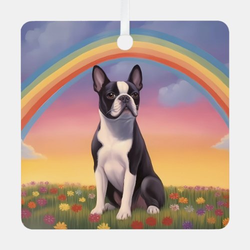 Boston Terrier Memorial Custom Dog Name Rainbow Metal Ornament