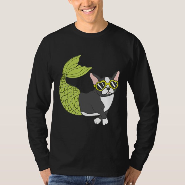 Boston Terrier Mermaid Merboston Too Cool For Scho T-Shirt (Front)