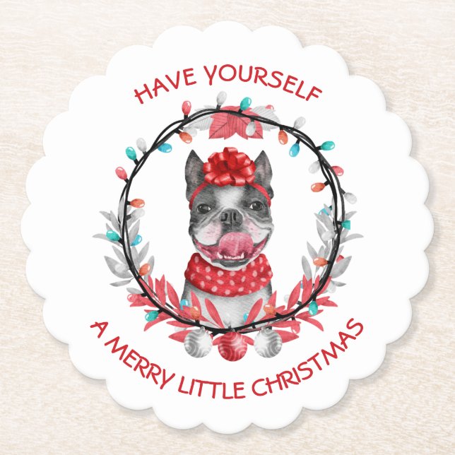 Boston Terrier Merry Christmas Paper Coaster (Front)