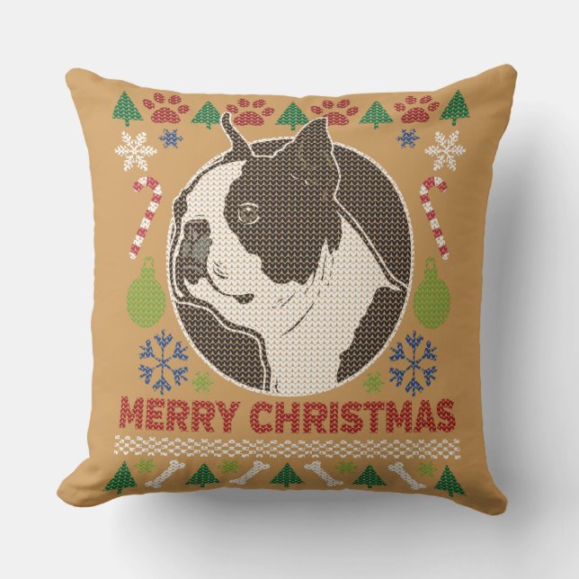 Boston Terrier Merry Christmas Ugly Sweater Throw Pillow (Front)