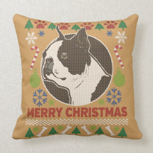 Boston Terrier Merry Christmas Ugly Sweater Throw Pillow