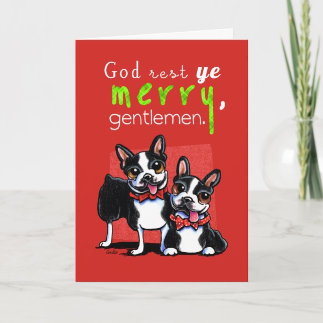 Boston Terrier Merry Gentlemen Christmas Plaid Holiday Card (Front)