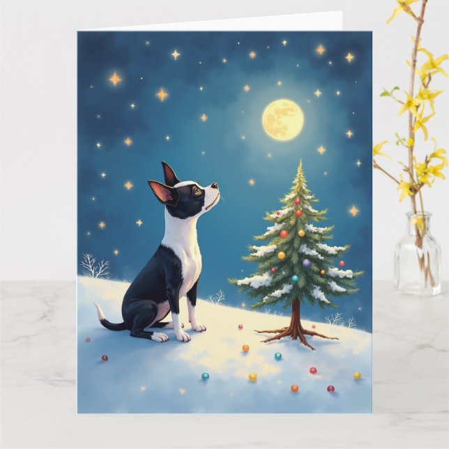 Boston Terrier Midnight Star-Gazing Christmas Card (Yellow Flower)