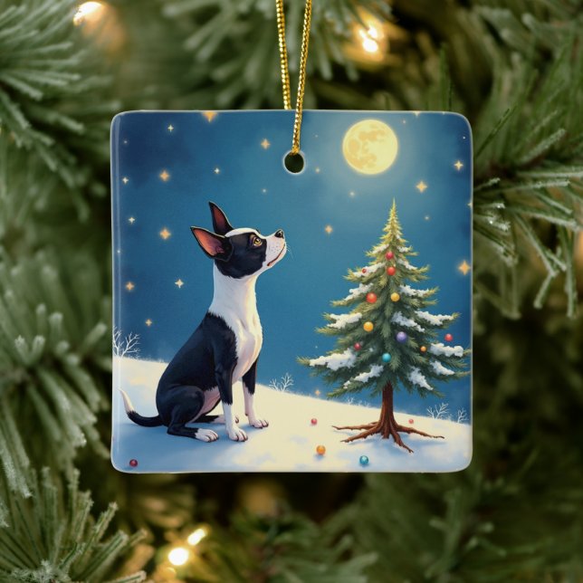 Boston Terrier Midnight Star-Gazing Christmas Ceramic Ornament (Tree)