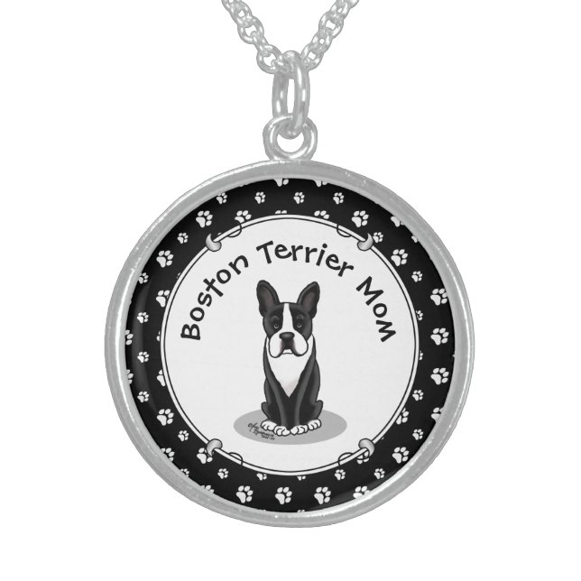 Boston Terrier Mom (black) - Cute dog Sterling Silver Necklace (Front)