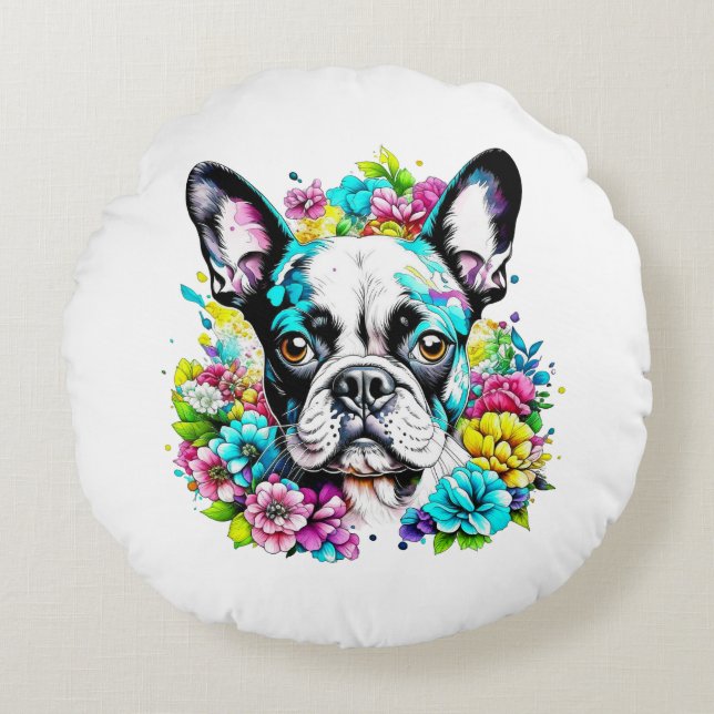 Boston Terrier Mom Pawprint Round Pillow (Front)